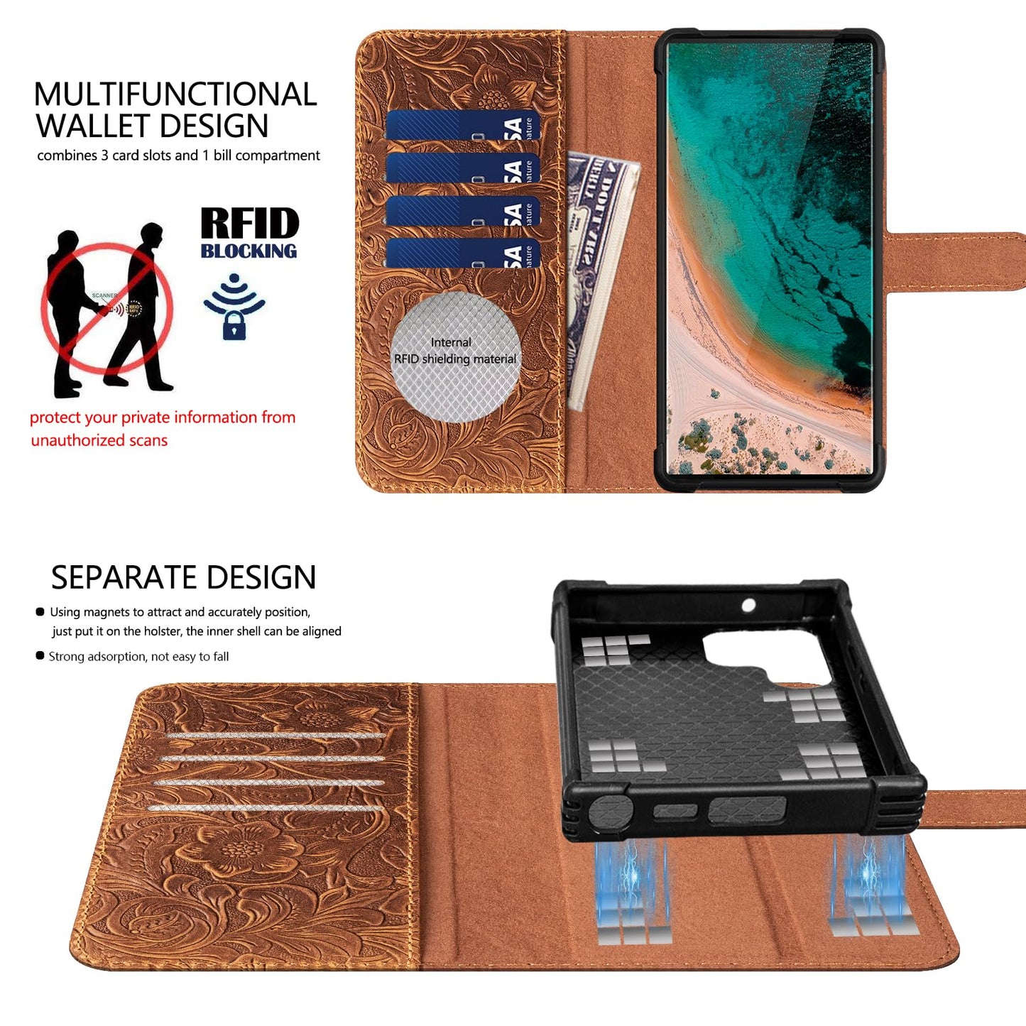RMAWRAD Leather Case Wallet Compatible with Samsung Galaxy S25 Ultra,Genuine Leather2-in-1Magnetic Detachable Shockproof,Flip Folio Cover with Card Slot, RFID Blocking Dark Brown