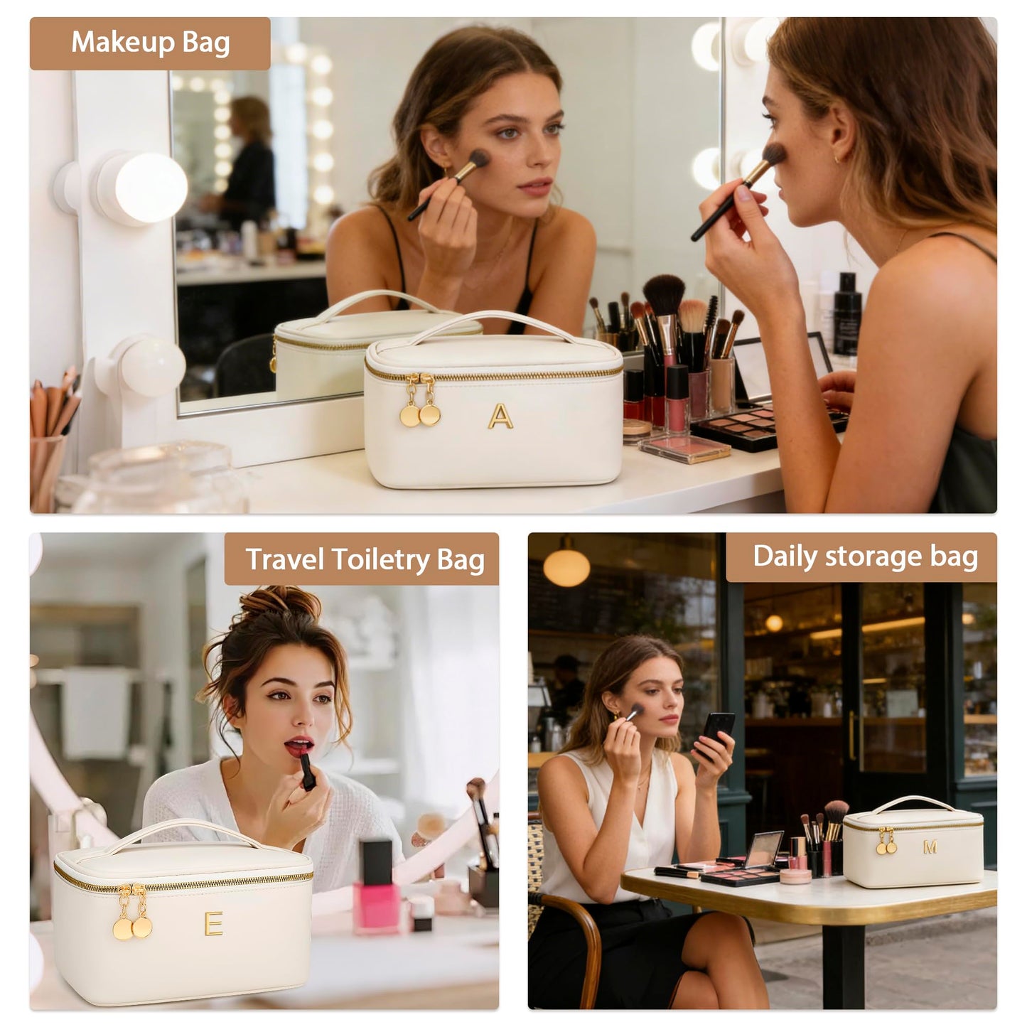 CLOUDWINGS Gifts for Women Travel Makeup Bag Personalized Cosmetic Bag Portable Large Capacity Toiletry Bag(Beige-E)