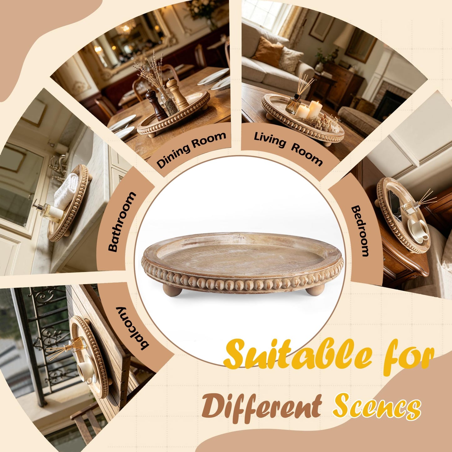 Round Decorative Tray for Coffee Table, Natural Wood Beaded Tray with Detachable Legs, 11.87" Farmhouse Rustic Serving Tray for Living Room, Ottoman, Kitchen Counter, Dining Table Decor