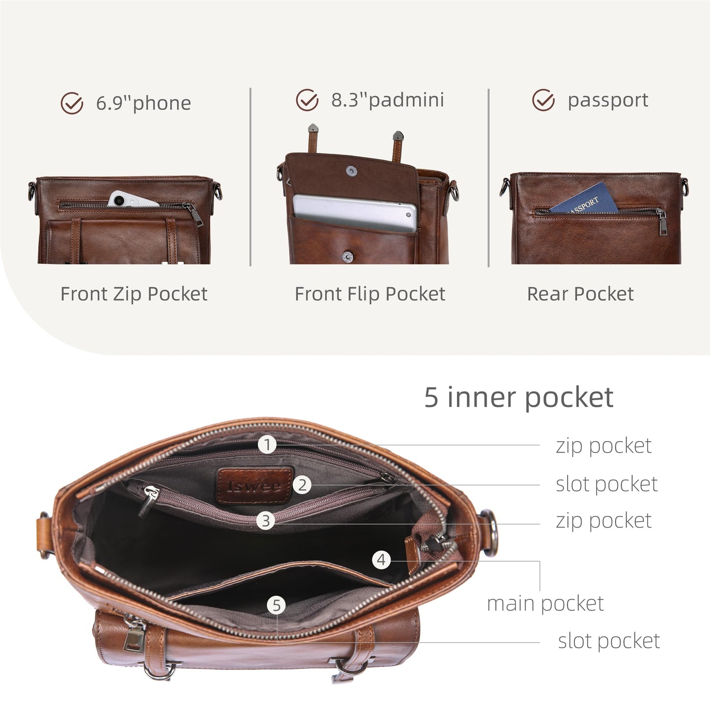 Iswee Soft Leather Crossbody Bags for Women Shoulder Handbags Multi Pocket Travel Purse with Adjustable Strap Medium Size (Coffee)