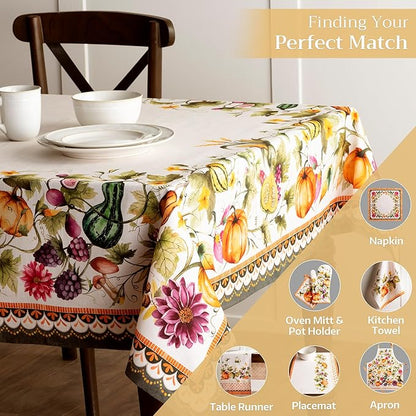Maison d' Hermine Table Cloth Rectangle Table 100% Cotton 70 x 120 Inches Fall Tablecloth Reusable Everyday Use for Thanksgiving Christmas Decorations Dining Farmhouse (Pumpkin Garden - Cloudy Cream)