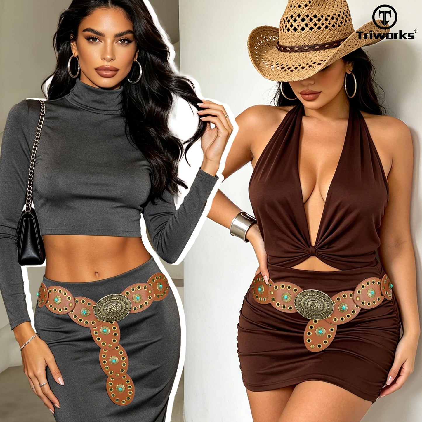TRIWORKS Western Belts for Women Wide Cowgirl Disc Belt with Turquoise Boho Concho Leather Belt Country Belt for Dress