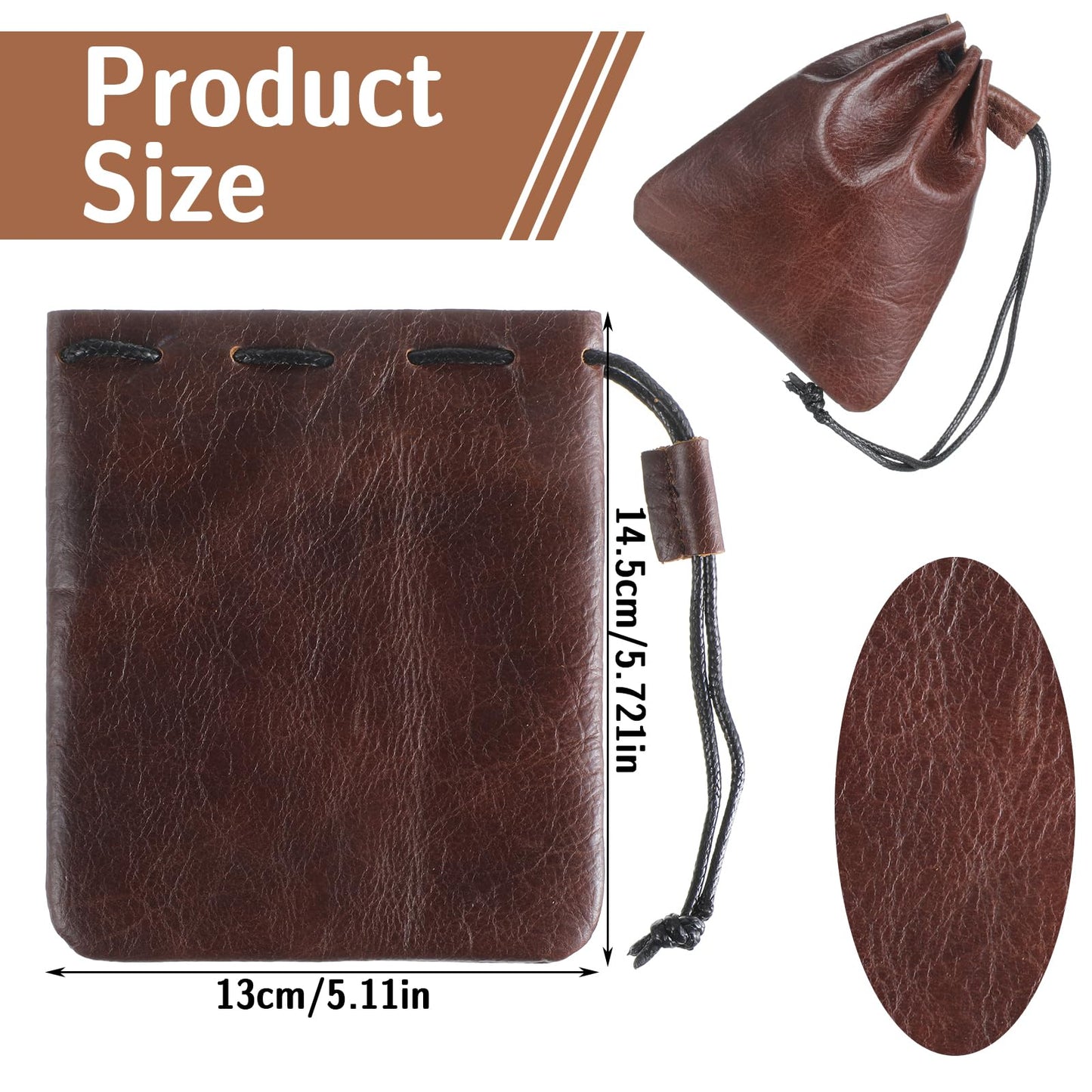 HJZHII Leather Drawstring Pouch, Small Drawstring Dice Pouches Storage Bags Vintage Medieval Coin Waterproof Cowhide Bag(Large)