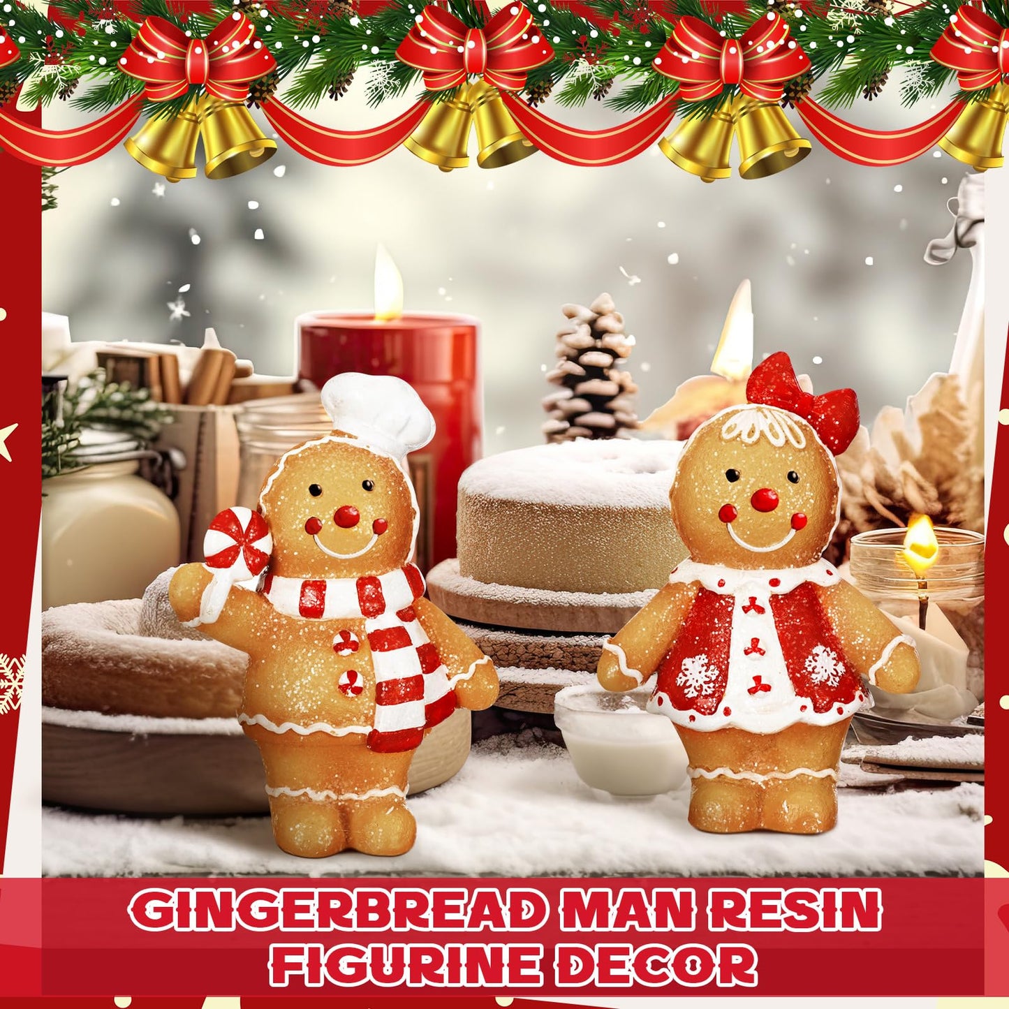 Moucuny 2 Pieces Christmas Gingerbread Decorations Christmas Resin Gingerbread Man Figurines with Chef Hat Candy Bow Scarf Gingerbread Table Decor Christmas Decor for Home Kitchen Mantel Decorations