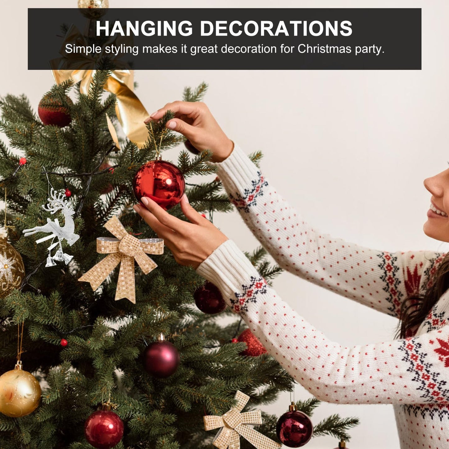 STOBOK Christmas Tree Bell Ornaments Xmas Bell Hollow Reindeer Hanging Decorations Wall Fireplace Window Hanging Christmas Party Supplies 6pcs (Silver)