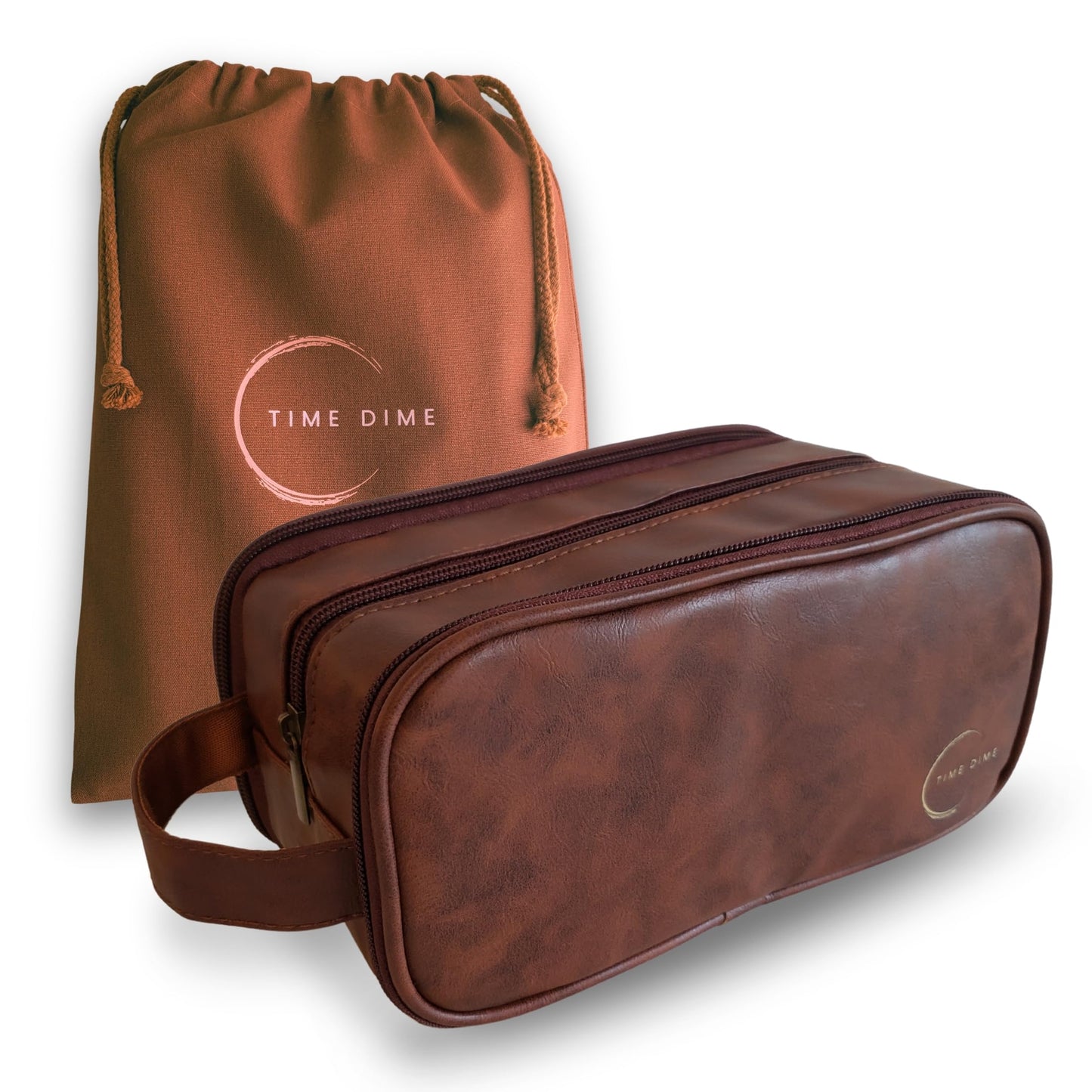 Time Dime Premium Men’s Toiletry Bag with Drawstring Pouch – Durable Water-Resistant Leather-Look Travel Organizer for Shaving, Grooming & Hygiene Essentials (Chestnut Brown)