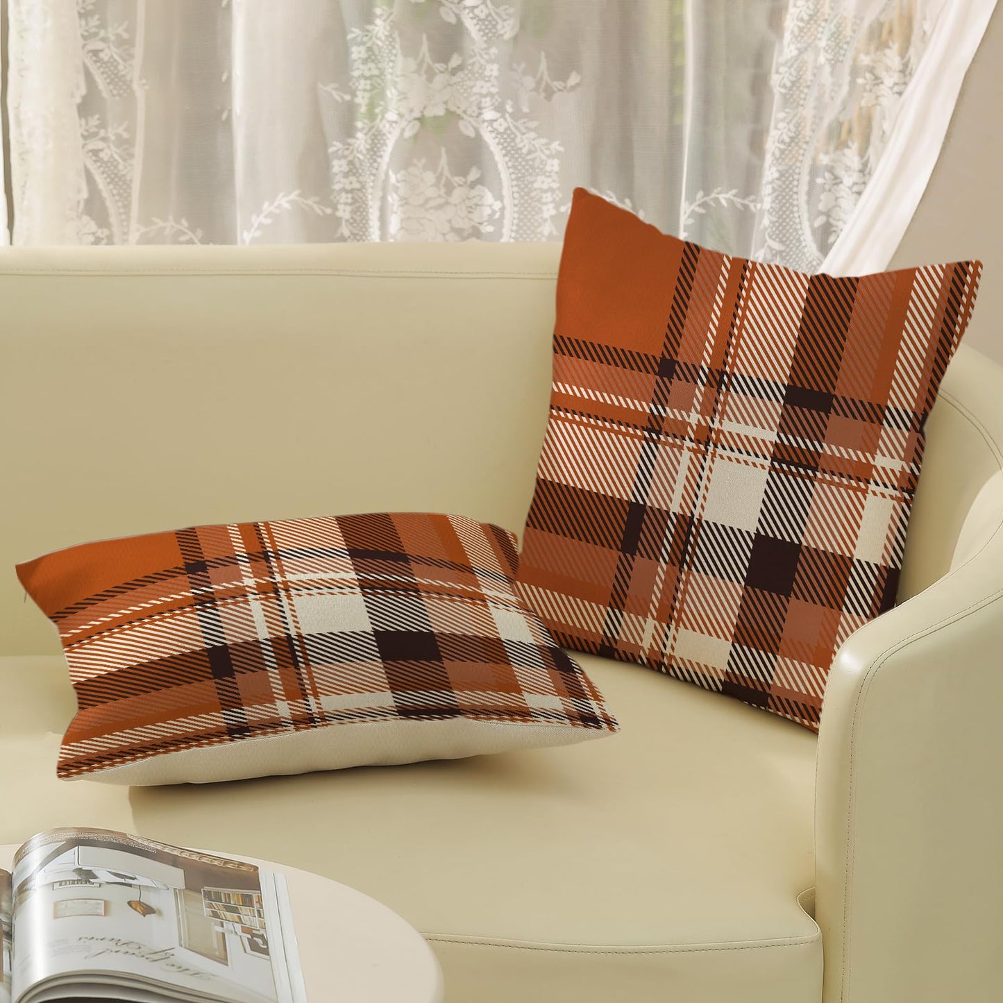 JEFERSO Fall Pillow Covers 18x18 Inch Set of 2 Burnt Orange Black Plaids Throw Pillows Autumn Harvest Thanksgiving Decoration Pillowcases Linen Outdoor Fall Decor Cushion Covers for Couch Sofa Home