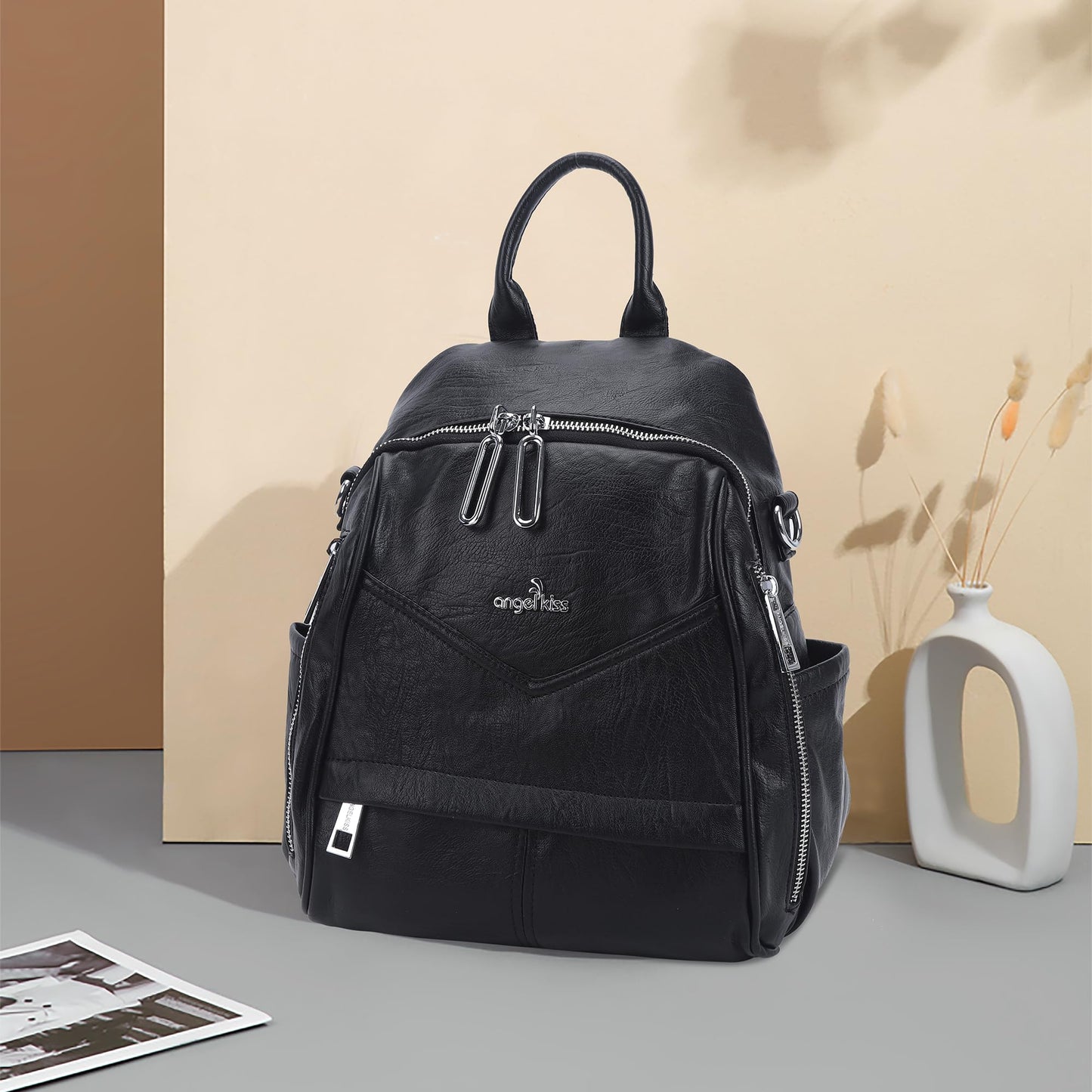 Angel Kiss Small Backpack Purse for Women,Soft Vegan Leather Roomy Backpacks,Designer Ladies Shoulder Backpack Fashion Handbag with Removable Strap,Black