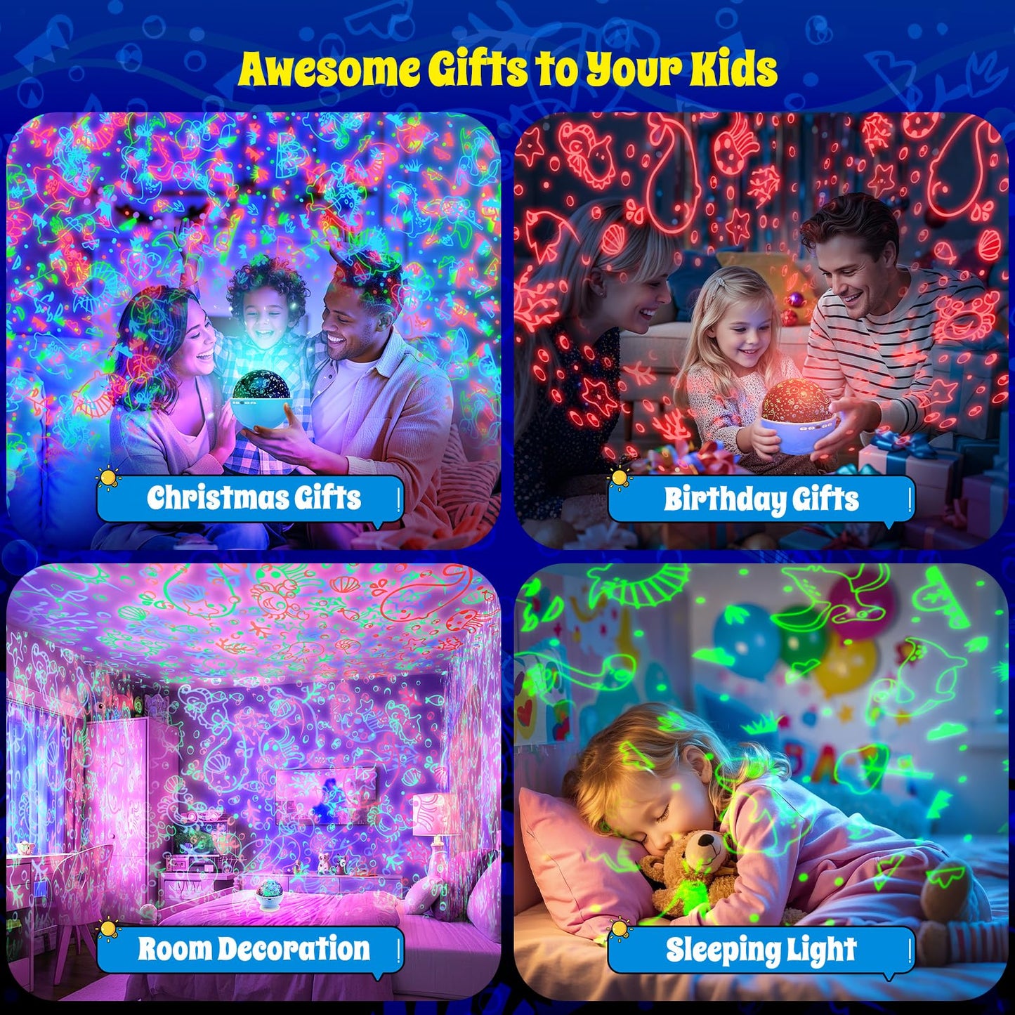 Night Light Projector,Night Light for Kids Room with Remote and Timer,360° Rotation,3 Projection Films,18 Light Modes,8 Lullaby Songs,Kids Night Lamp, Christmas Birthday Gifts for Boys Girls (Blue)