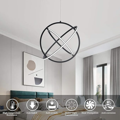 Modern LED Pendant Light Dimmable Creative Chendalier Adjustable Hanging Pendant Lighting Circle 3 Rings 6000K Cool Light Fixture for Dining Room Bedroom Kitchen Island Hall 80W (Black)