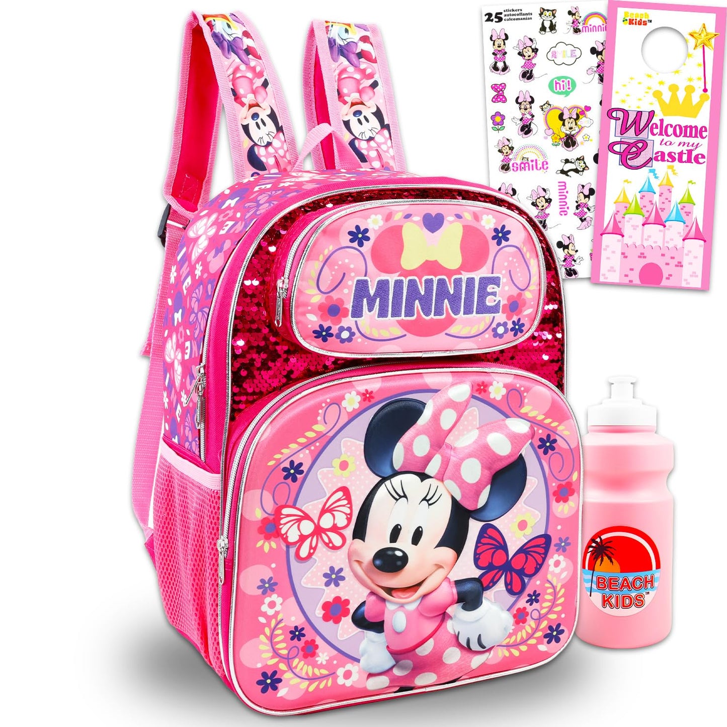 Minnie Mouse School Backpack for Girls - Bundle with 16” Disney Sequin Bag Plus Water Bottle, Stickers, More | Minnie School Supplies for Kids