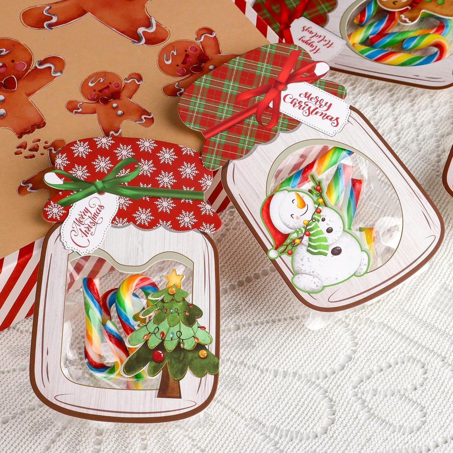 Giiffu Christmas Treat Bags with Cards 48-Pack, Mason Jar Goodie Bag for Kids, DIY Candy Holder for School Classroom Gift Exchange, Bulk Party Favors & Stocking Stuffers