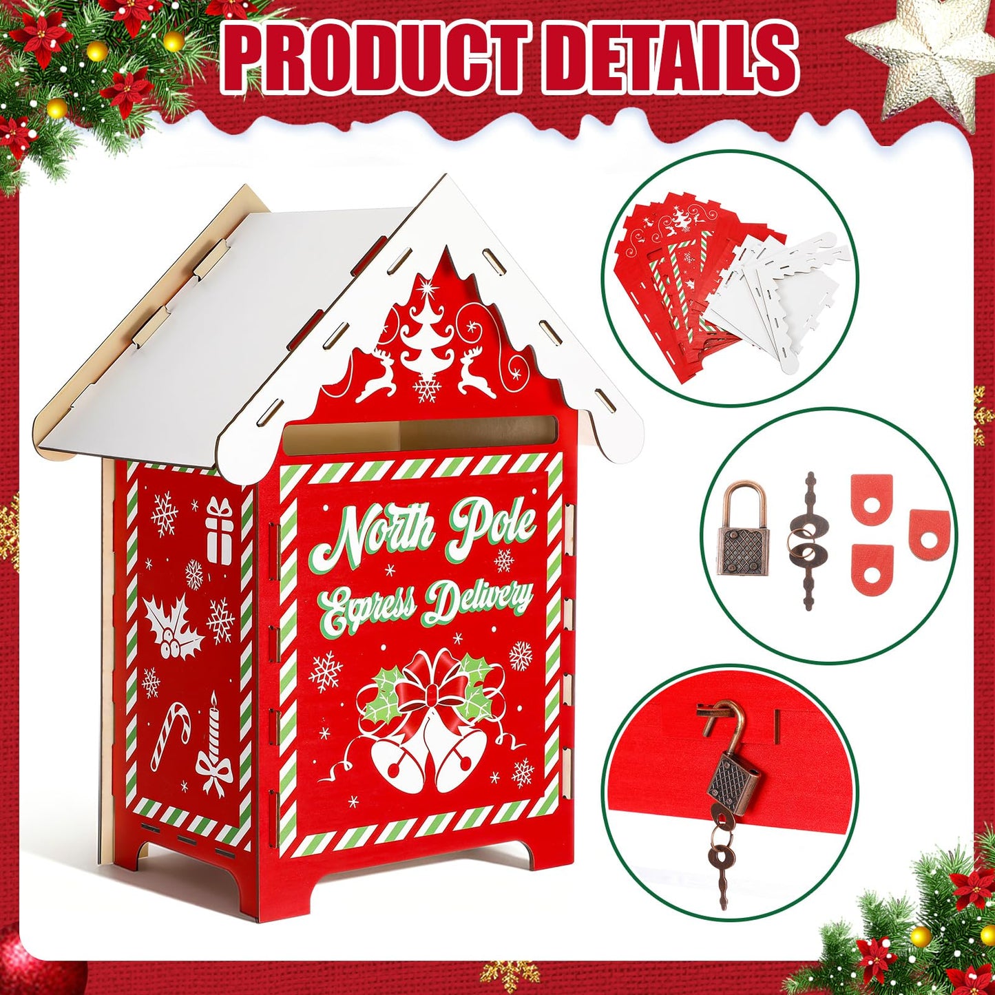 BrightRow 13.8 x 9 x 7 Inch Christmas Mailbox Letters to Santa Claus Wooden Red North Pole Delivery Mailbox Retro Outdoor Delivery Postbox for Home Classroom Gift Wish List Mantel Entryway Decorations