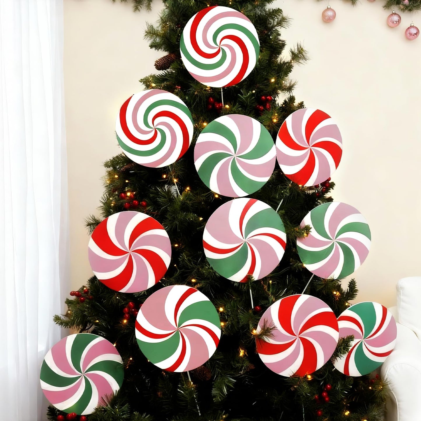 12Pcs Large Candy Christmas Tree Decorations Peppermint Lollipop Christmas Picks for Tree, 7.87" Pink and Red Candy Ornaments, Plastic Candyland Tree Topper for Xmas Holiday Party Vase Decor