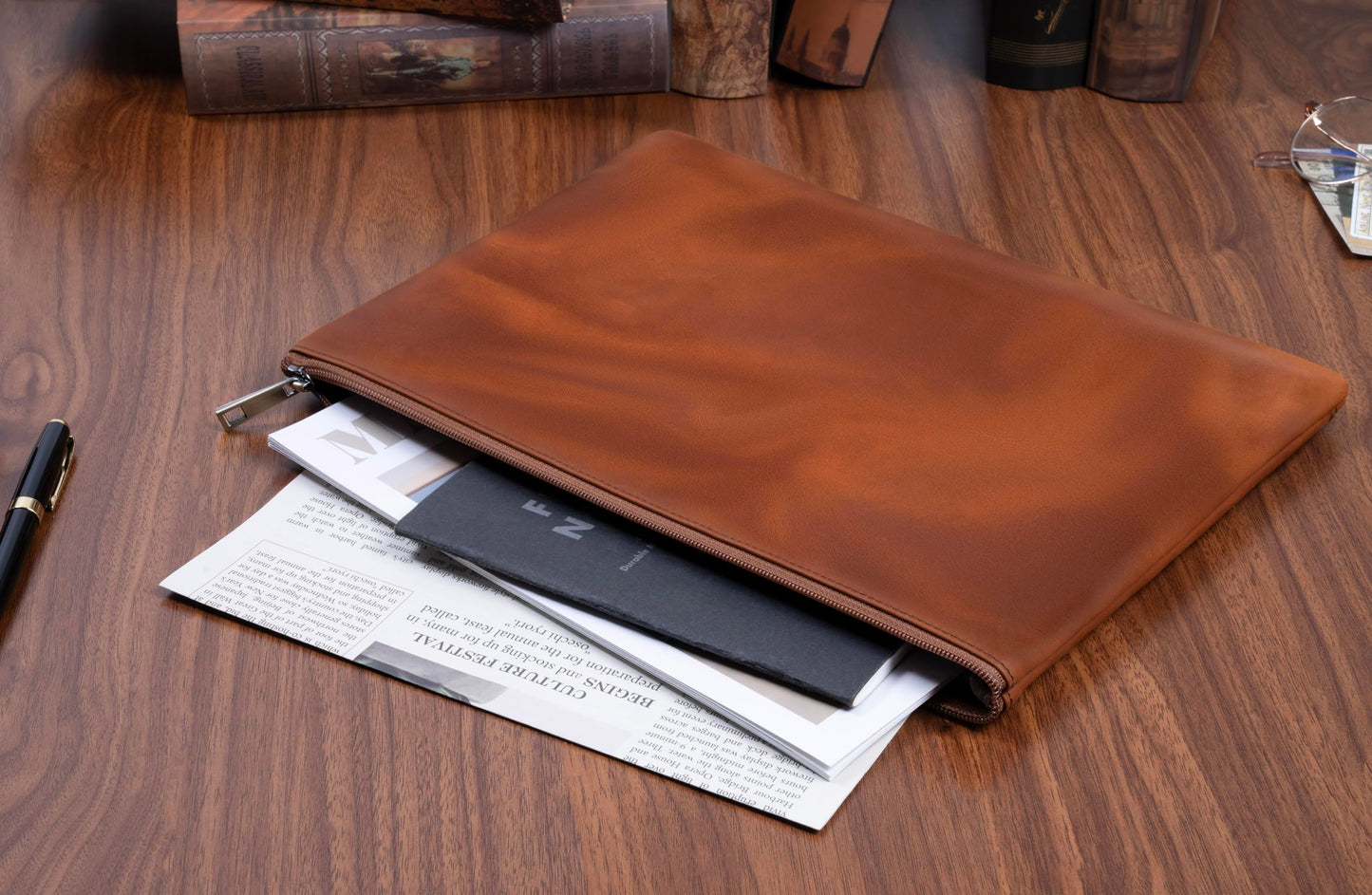 GZRHKJ Genuine Leather A4 File Folder for Document, Leather File Folder Organizer Document Holder for Men&Women, Waterproof Portfolio Envelope Folder Case