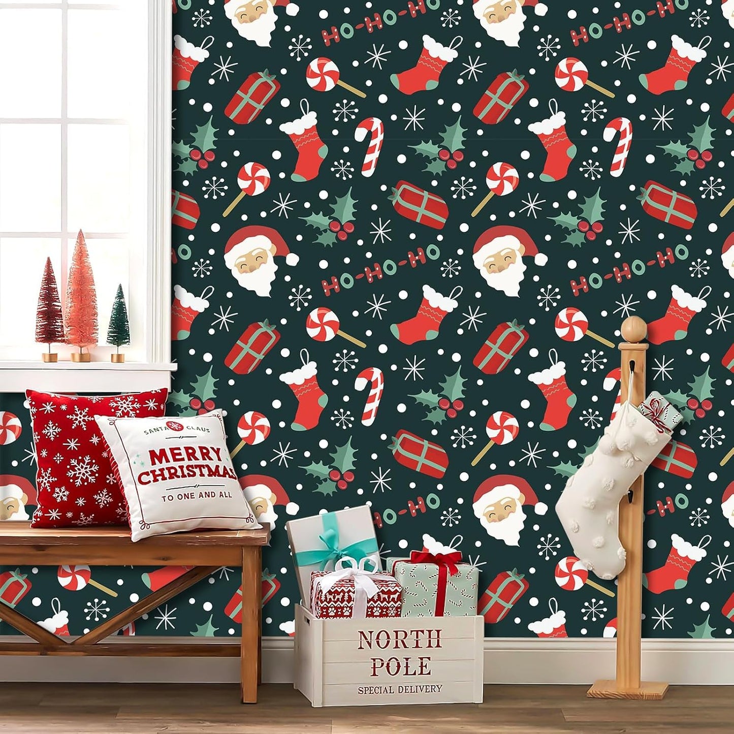 TOARTi HO-HO-HO Christmas Wallpaper Peel and Stick Christmas Contact Paper for Cabinets Bedroom Xmas Backdrop for Winter New Year Xmas Party Decoration