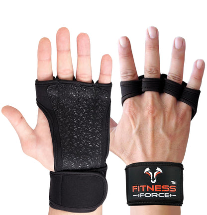 FITNESS FORCE Ventilated Weightlifting Gloves Workout Gloves for Men & Women with Built-in Wrist Wraps Fingerless Gym Gloves for Men Perfect for Exercise Fitness, Weight Lifting, Cross Training