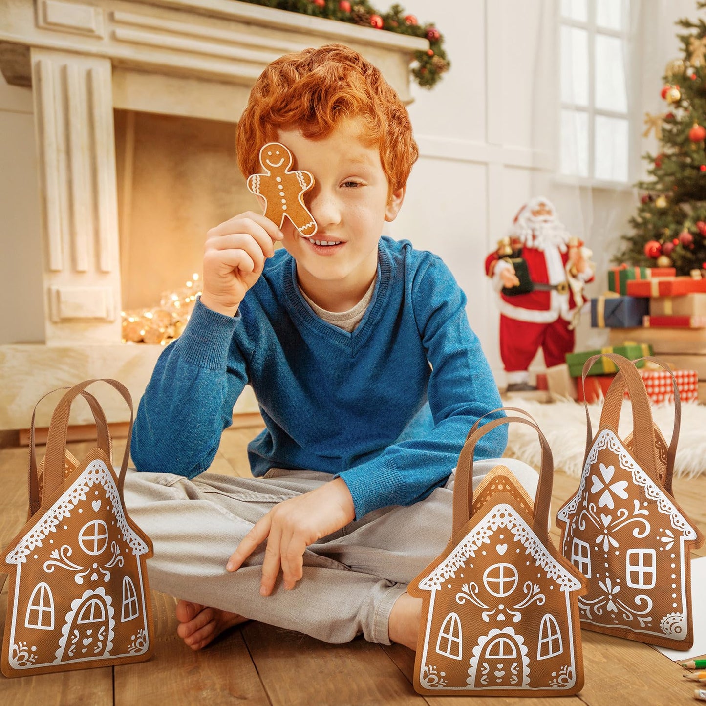 Silkfly 48 Pcs Non Woven Gingerbread House Christmas Tote Bags with Handles Gingerbread House Shape Gifts Candy Goodies Treats Bags for Xmas Holiday Party Favors