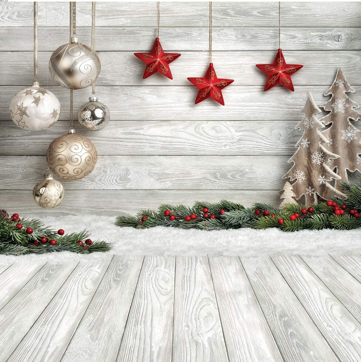 Dudaacvt 8X8ft Christmas Backdrop White Wood Floor with Snowflake Backdrop Christmas Tree Gifts Background for Family Gathering