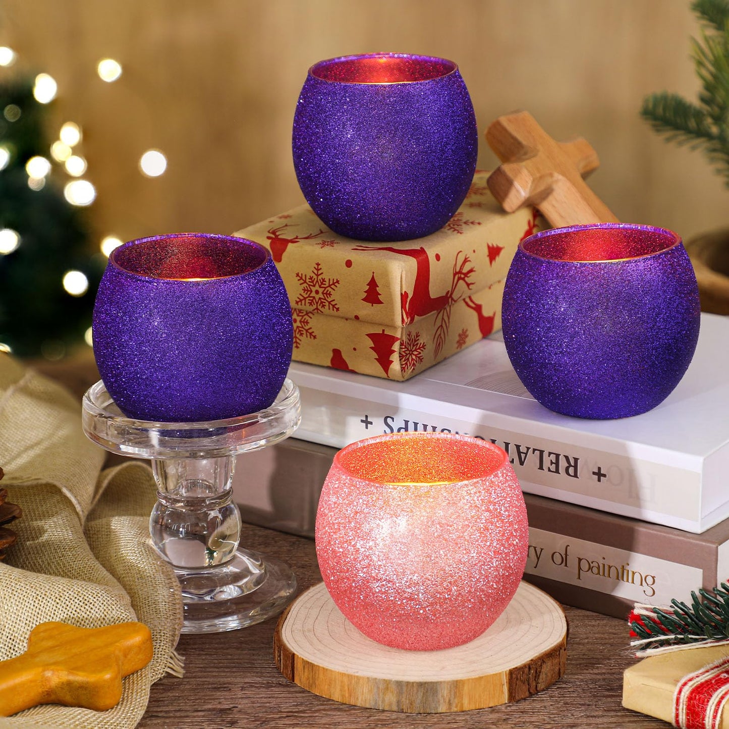 Mumufy 4 Set Christmas Advent Candle Holders Glass Tealight Votive Candle Holders for Tabletop Centerpiece Christmas Table Decorations Gifts