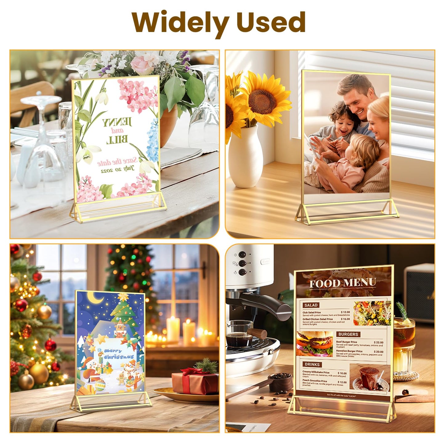YOAEAILY Gold Frames 5X7 Acrylic Sign Holder Double-Sided Tabletop Picture Frames for Menu Holder Wedding Table Number Holder Christmas Photo Frames with Removable Sticky Dots-3 Pack