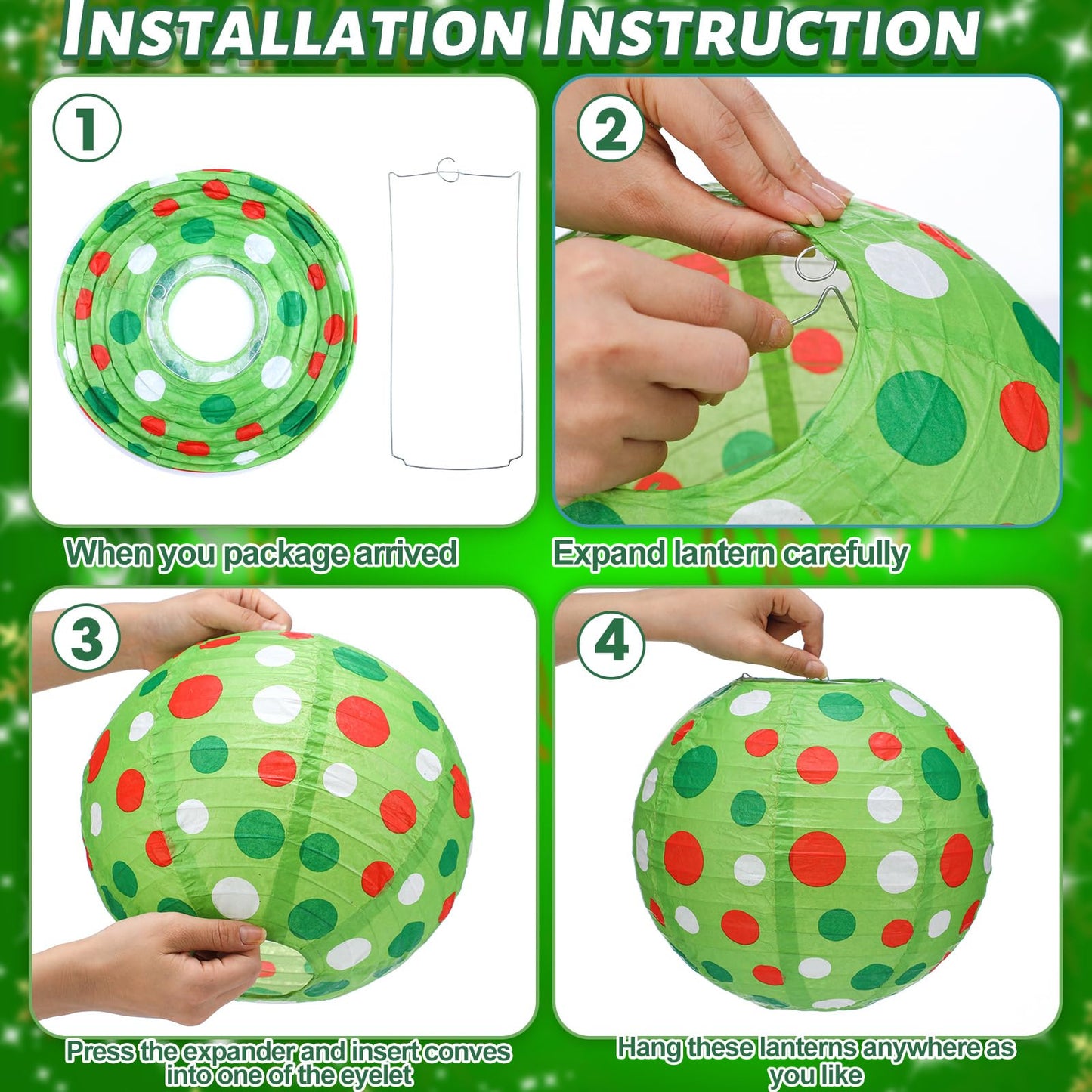 Glooglitter 12 Pcs 10" Red Green Paper Lantern Christmas Party Decorations Hanging Lantern Indoor Outdoor Decorative Christmas Round Ceiling Hanging Decor for Holiday Xmas Party Baby Shower Birthday