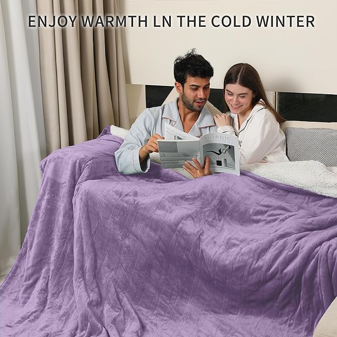 Electric Blanket Queen Size, Soft Cozy Flannel Sherpa Queen Heated Blanket Dual Control with 5 Heating Levels & 10 Hours Auto Off, Machine Washable Heating Blanket, 84" x 90", Lavender Violet