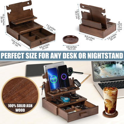 Black Wood Phone Docking Station for up to 3 Phones - Nightstand Organizer for Men & Women, Compatible with Apple Watch, Holds Phones, Tablets, Keys, Rings, Glasses, Watches, EDC & More