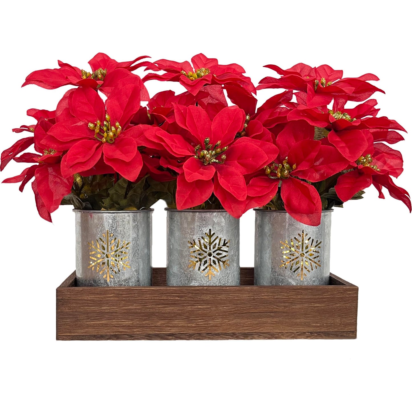 CANCLEAR Artificial Christmas Flower Arrangement, 3pcs Poinsettias in Galvanized Pots with Wood Tray and LED String Lights, Perfect Tabletop Centerpiece for Holiday Decor