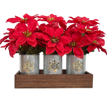 CANCLEAR Artificial Christmas Flower Arrangement, 3pcs Poinsettias in Galvanized Pots with Wood Tray and LED String Lights, Perfect Tabletop Centerpiece for Holiday Decor