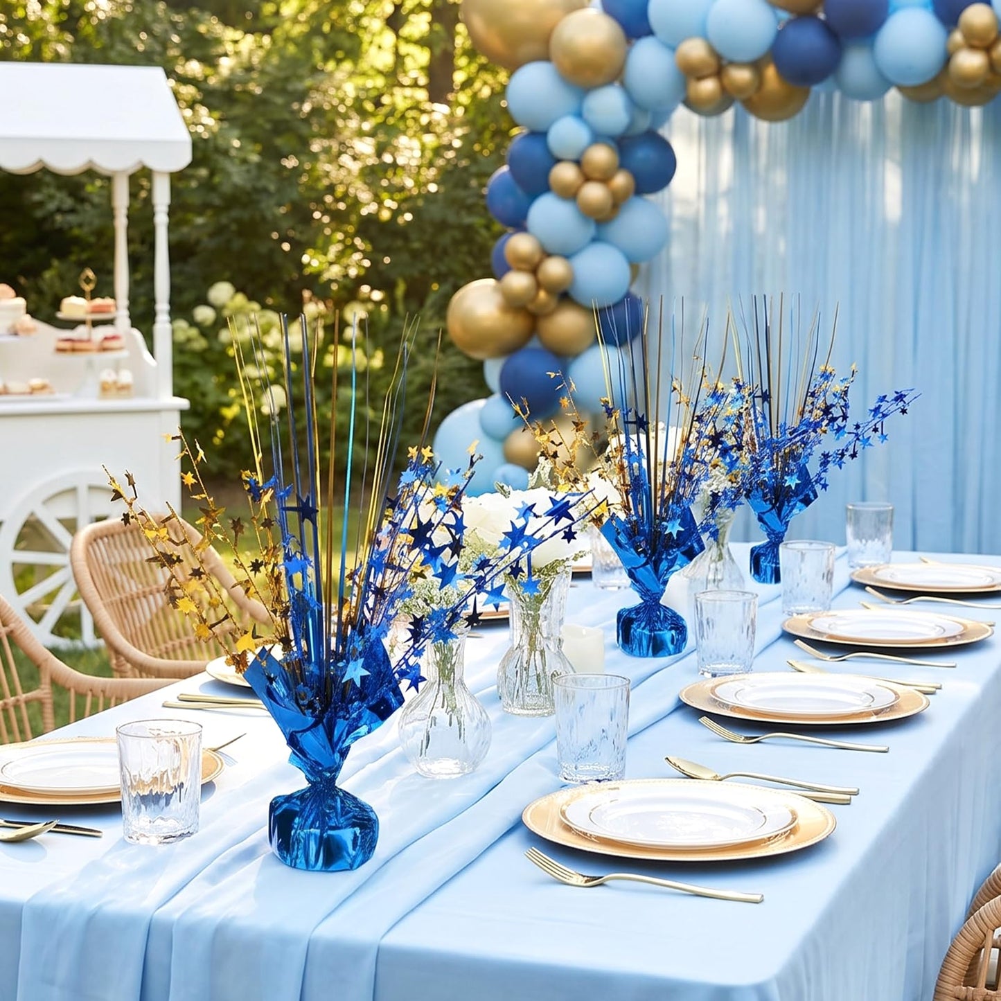 12 Pack Metallic Foil Spray Star Centerpieces for Tables, Blue and Gold Party Decorations for Wedding Birthday Baby Shower Bachelorette Retirement New Years Party Table Decorations