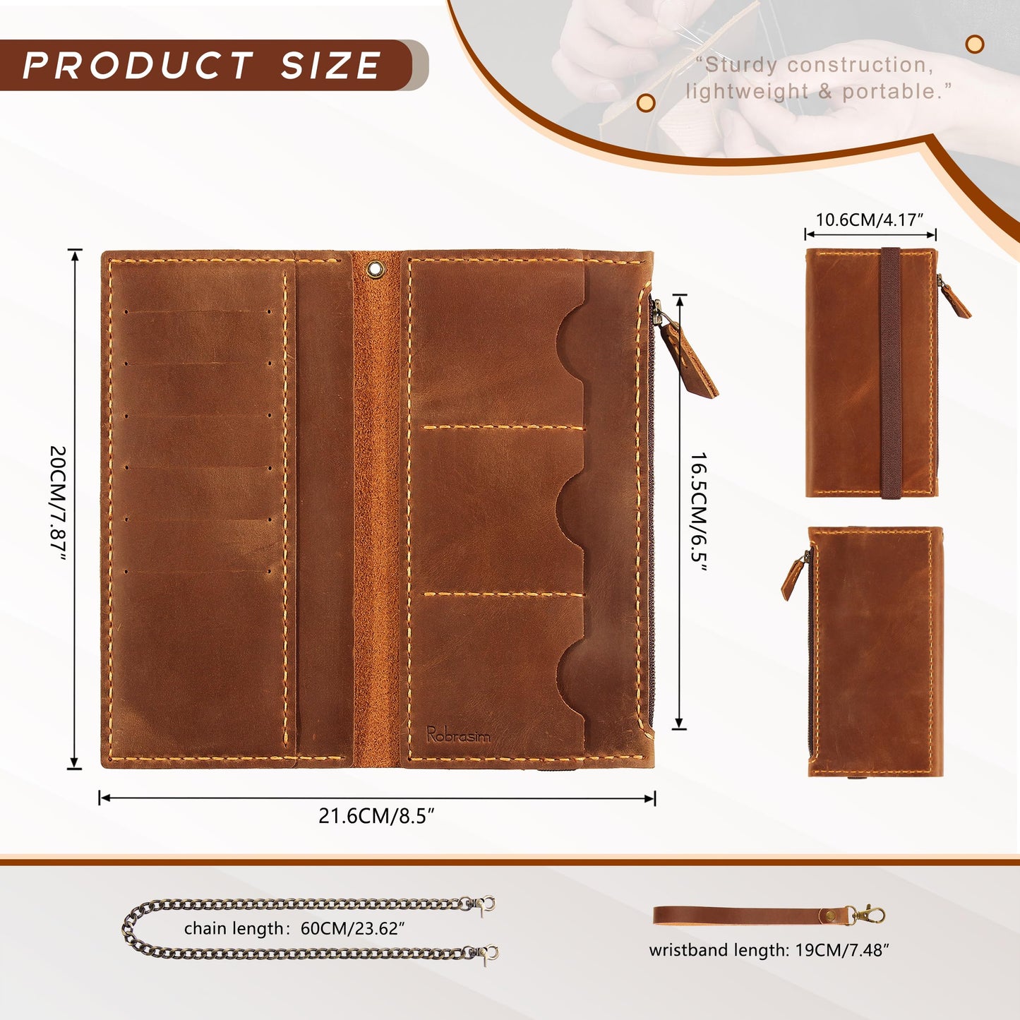 Robrasim Leather Wallet for Men and Women, Handmade Detachable Chain Wristlet Long Bifold Clutch with Large Capacity Zipper Coin Pocket (Brown, 7.87"x4.17")