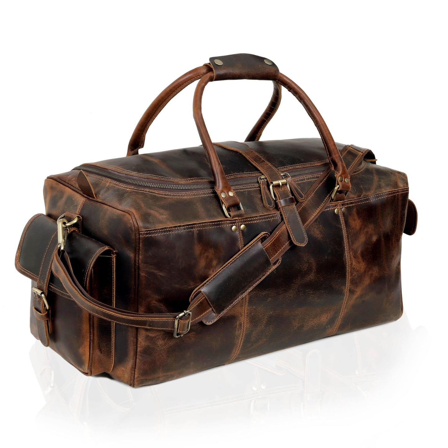 Cuero Full Grain Leather Duffle Bag for Men, Buffalo Overnight Weekend Travel Bag, Carry On with Organized Pockets, YKK Zippers, Adjustable Strap (Choclate Brown)