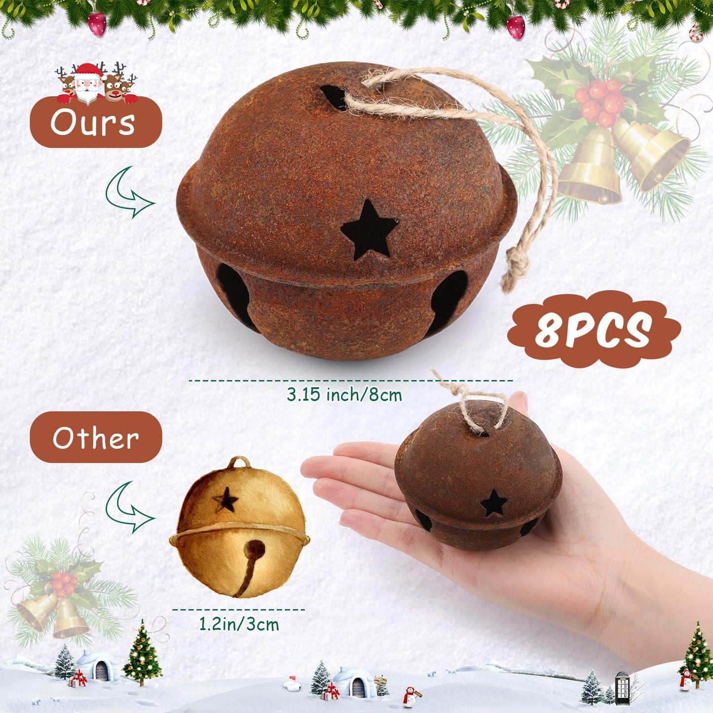 Zhengmy 8 Pcs Jumbo 3.15'' Christmas Star Cutouts Bells for Craft Large Bells Xmas Ornament Christmas Tree Decor (Rust)