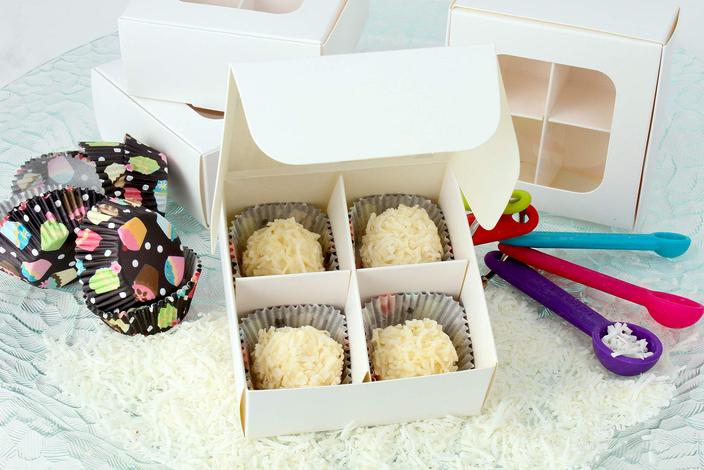 GRETEL BAKING Treat Boxes - 20 ct 3.5 x 3.5 x 1.6 in Bakery Boxes with Windows and Dividers for Candy, Cookies, Cupcakes, or Bakery Desserts - Chocolate, Treats, and Baked Goods Packaging for Gifting