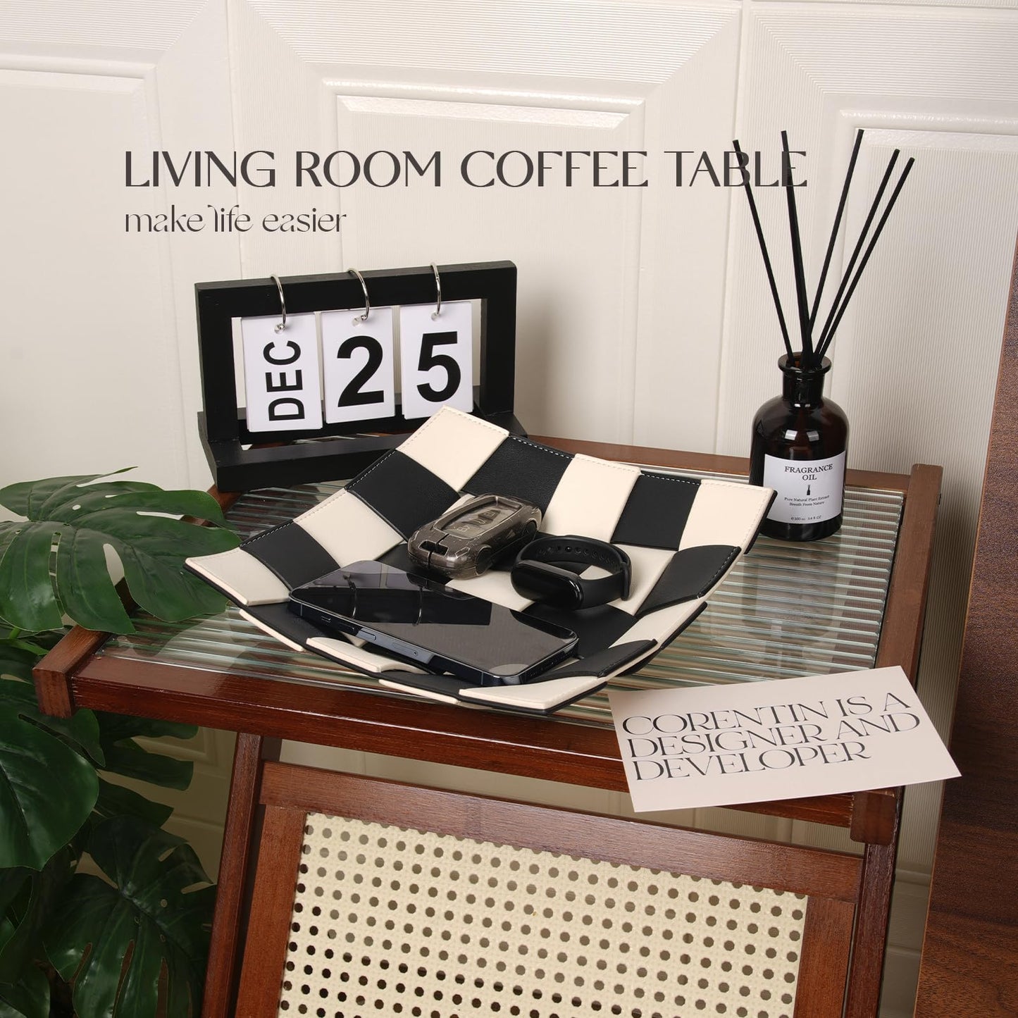 Valet Tray for Men Leather Key Tray for Entryway Table Bedside Nightstand, Desktop Organizer Catch-All for Wallet, Watch, Remote, Keys, Cell Phones, Checkerboard