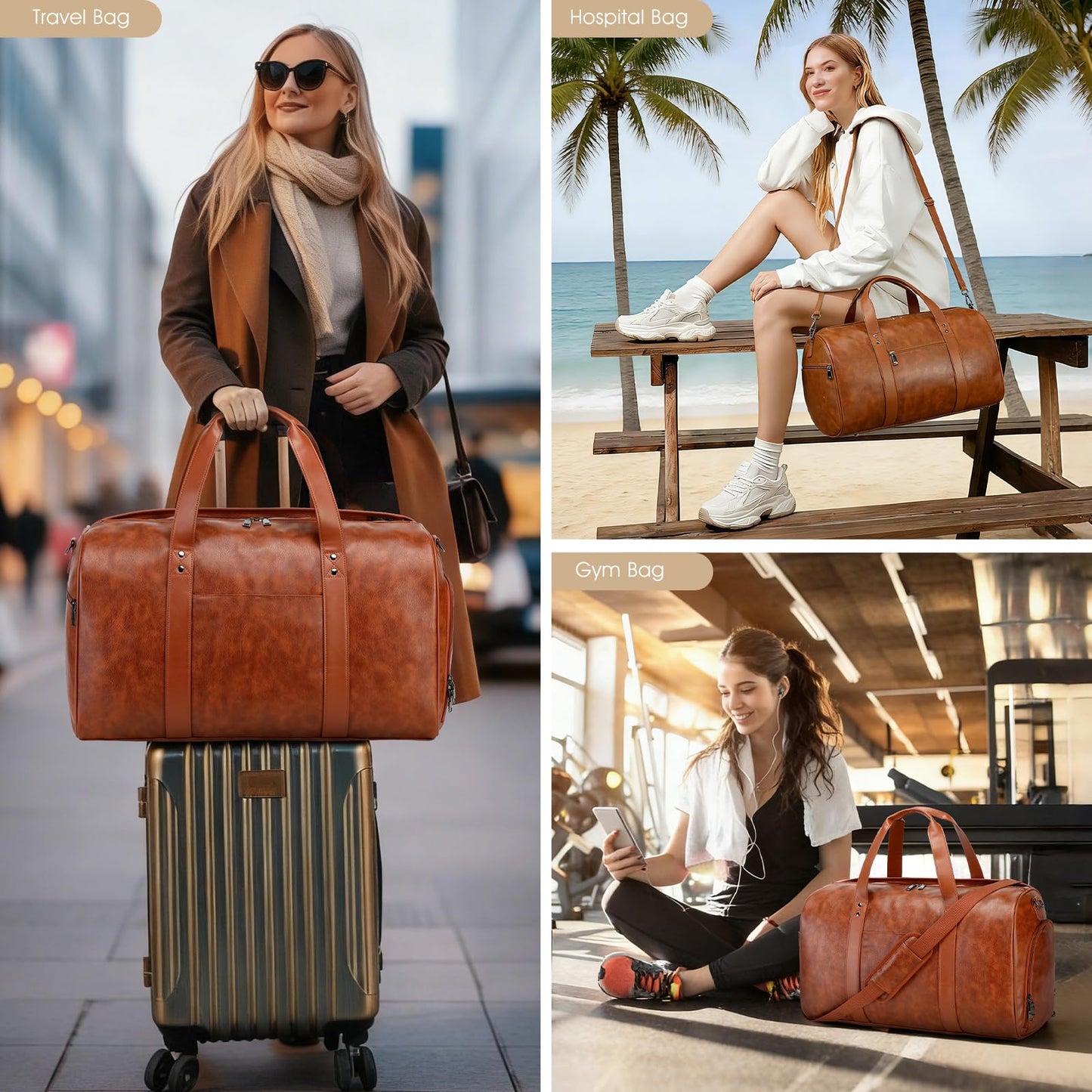 Wogarl 3PCS Faux Leather Weekender Bag for Women Men Large Overnight Travel Duffel Bags with Shoe Compartment Toiletry Packing Cube Carry On Duffle Fit 21" Laptop(Dark Brown)