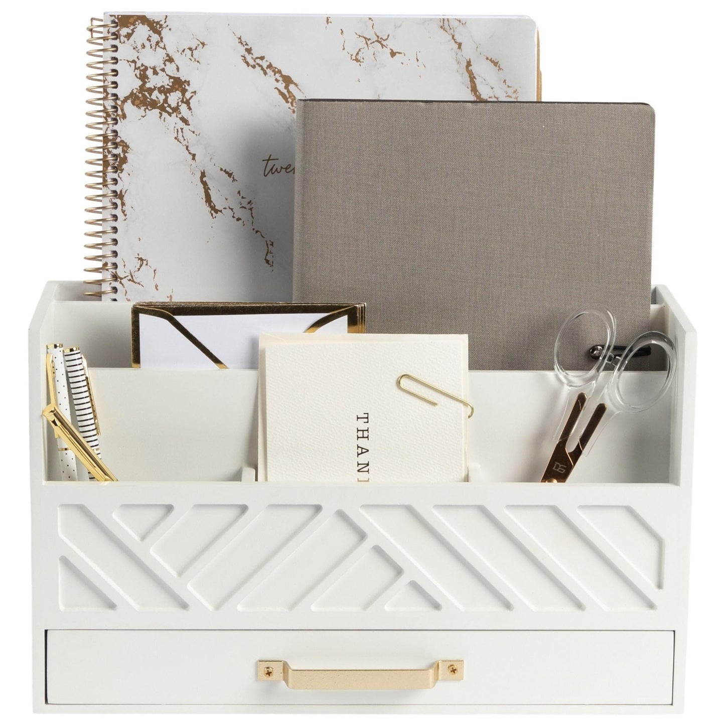 BLU MONACO | White Wooden Mail Organizer with Drawer & Gold Handle | Mail Sorter Organizer Countertop | Tabletop Organizer with Drawers & Outgoing Mail Holder
