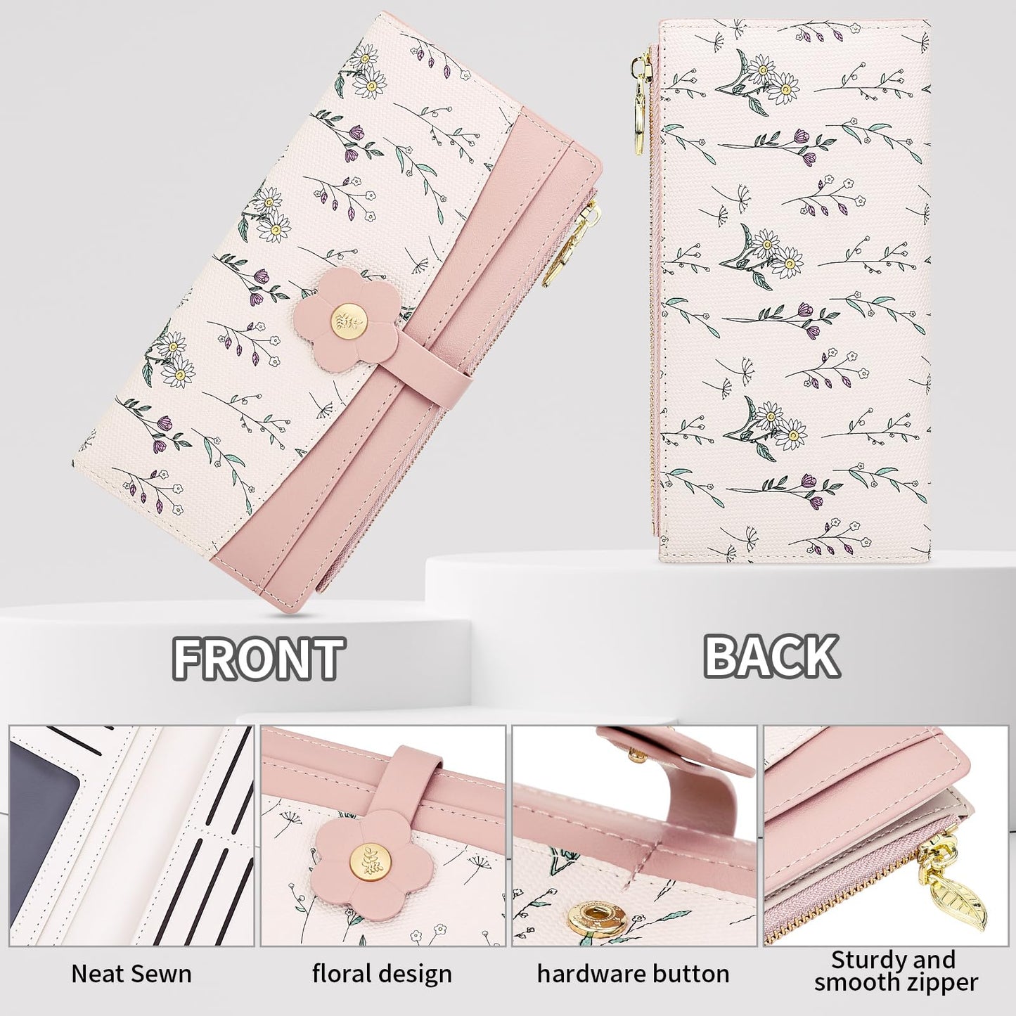 Farcauo Long Floral Womens Wallet Cute Wallets for Women Pink Women's Wallet Kawaii Flower Card Wallets for Women Ladies