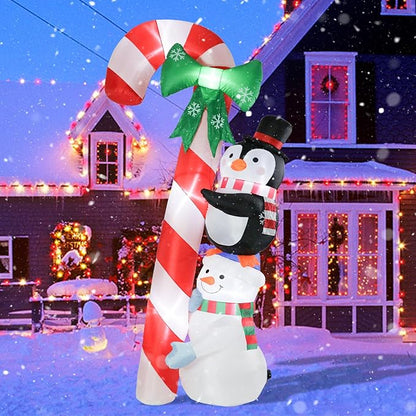 MUMTOP 8.6 Ft Tall Christmas Inflatables Outdoor Decorations, Inflatables Candy Cane with Snowman Penguin Christmas Blow up Yard Decorations Built-in LED Lights for Outdoor Party Holiday Decor
