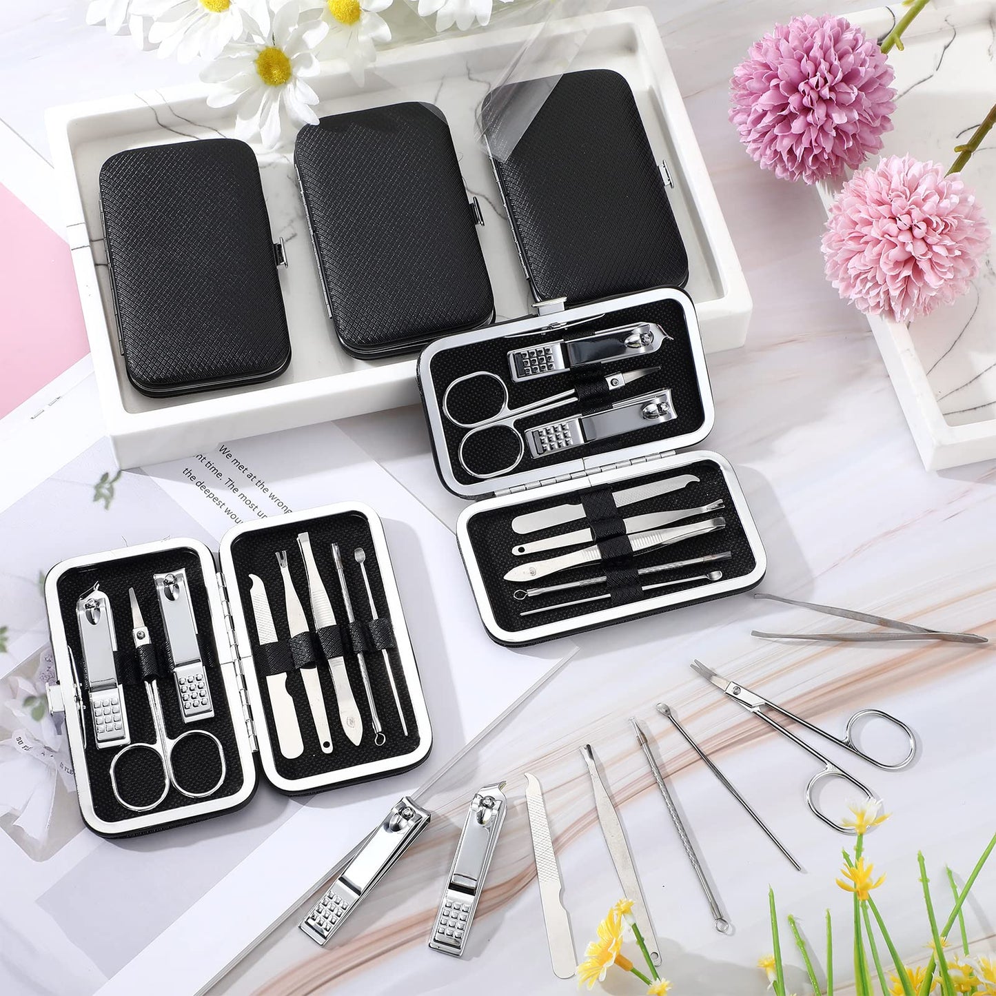 Geosar 50 Set 8 in 1 Travel Manicure Kit Bulk Professional Nail Clippers Pedicure Nail Care Tools Grooming Stainless Steel Set with Portable Travel Case, Gift for Valentine Men Women(Black)