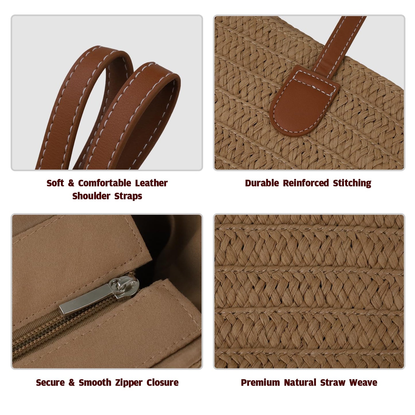 OKoriensuntek Straw Tote Bag for Women, Large Woven Beach Bag with Leather Shoulder Straps, Zippered Summer Tote Bag for Beach, Travel, Everyday Use，Brown
