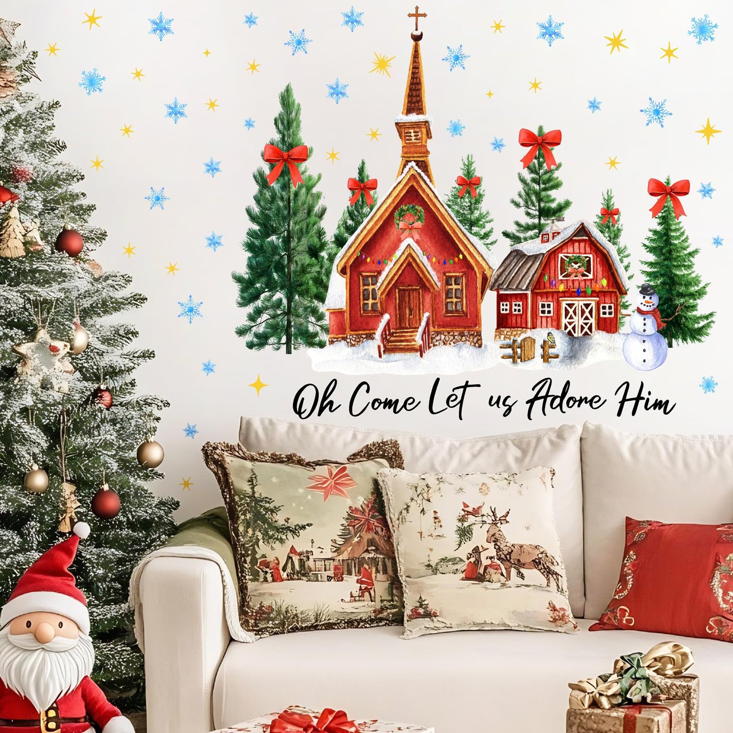 Large Christmas House Wall Stickers Christmas Pine Tree Window Wall Decals Winter Snowflake Snowman Tree House Window Stickers Holiday Windows Decals Removable Xmas Party Decorations