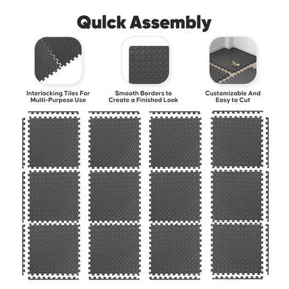 Home Gym Mat, Puzzle Exercise Mat, EVA Interlocking Foam Floor Tiles for Home Workout Equipment and Kids' Play Areas - Black, 24 in x 24 in x ½ in - 12 Tiles (Black, 12 Pack, 48 SQ FT)