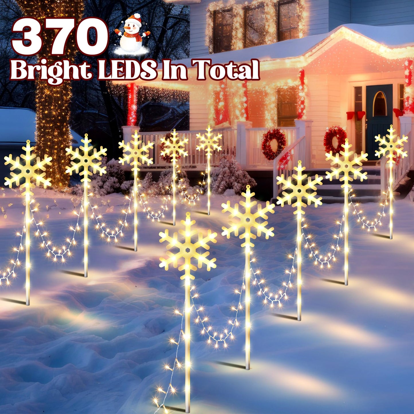ElectricWise 10 Pcs Christmas Snowflake Pathway Stake Lights for Outdoor Yard, 370 Bright LEDs Waterproof Large Christmas Snowflake Light Decoration for Garden Lawn Driveway Walkway Decor (Warm White)