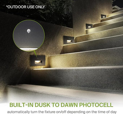ASD LED Recessed Step Light Fixture, Dusk to Dawn Outdoor Stair Tread Lighting | 3CCT, Photocell, Waterproof, ETL Listed | 3W 120LM 3000K-5000K 120V | Staircase Hardwired Illumination | Black