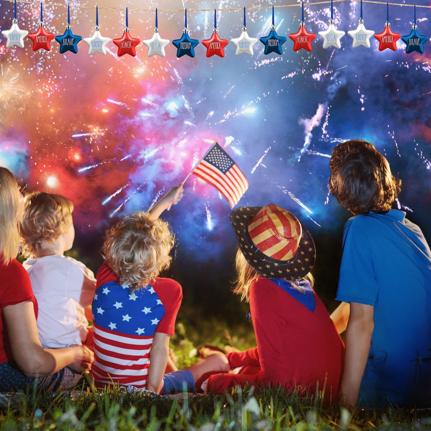Honoson 48 Pcs 4th of July Hanging Ornaments Patriotic Star Tree Decorations Star Memorial Day Hanging Ornament Red Blue White 250th Anniversary Mini Decorations for Tree (Red,Navy Blue,Silver)