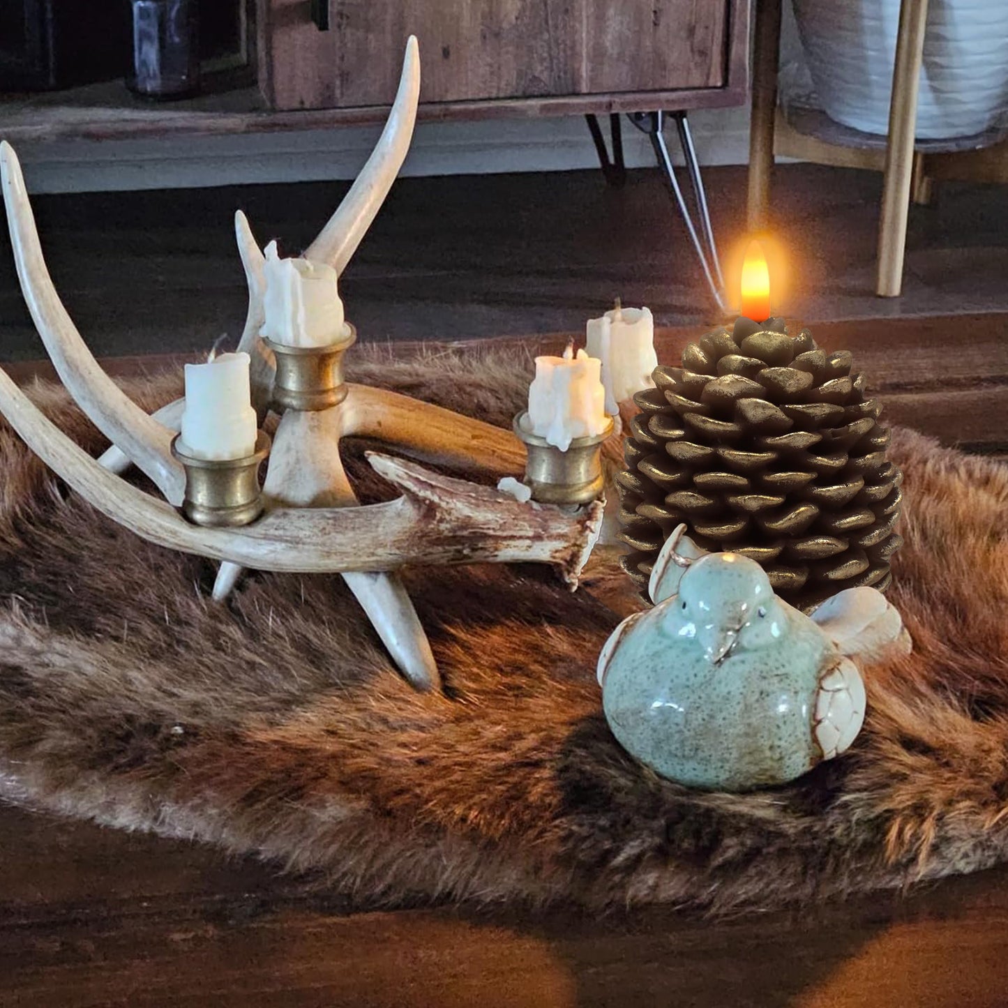 CVHOMEDECO. Pine Cone Candles Battery Operated Pinecones with Remote and Timer, Pine Cones Candle LED Flameless Flickering Candles for Fall, Christmas Decor. Golden-Brown, H 4.8 Inch, Pack of 2