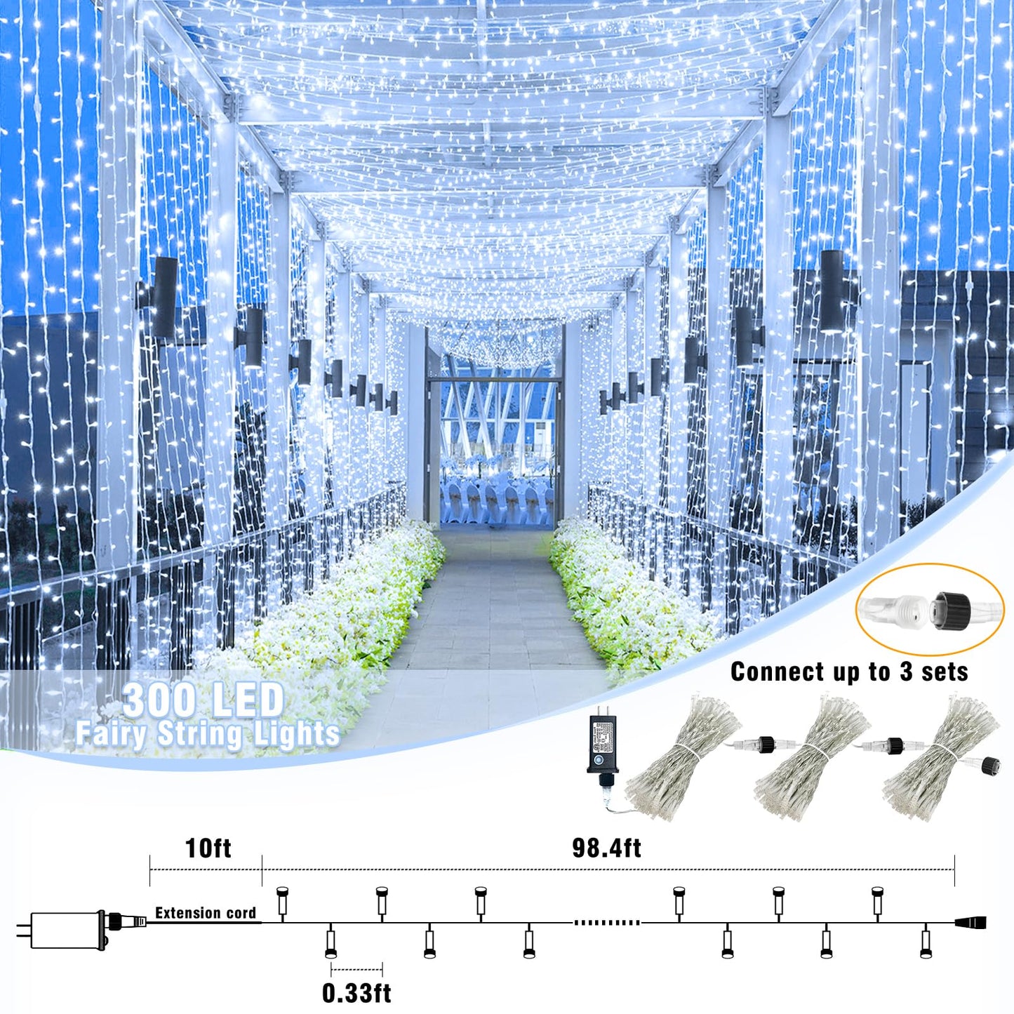 100ft White Christmas Lights Outdoor 300 LED String Lights Indoor Clear Wire Waterproof, 8 Modes Connectable Twinkle Fairy String Lights Plug in for Outside Room Bedroom Party Wedding Decorations