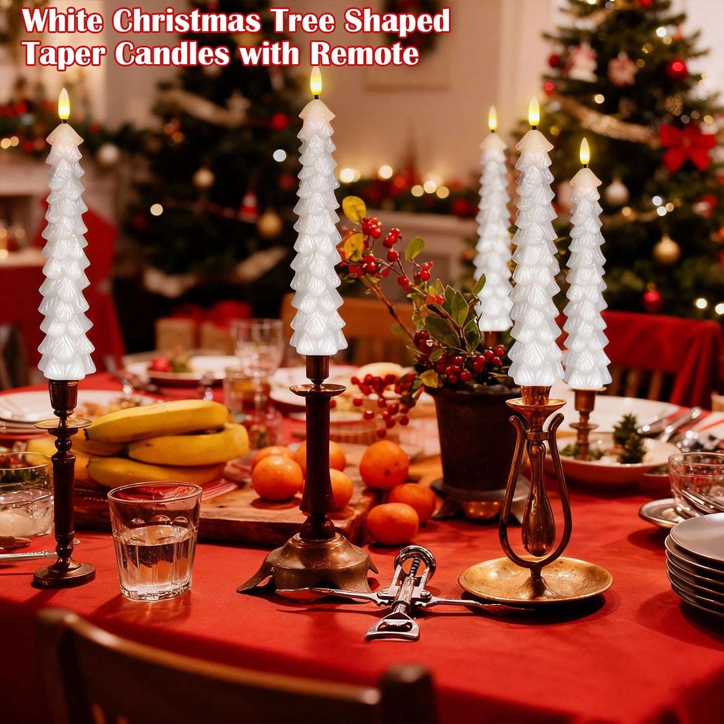 GenSwin Christmas Tree Flameless Candles with Remote Timer, White Christmas Tree LED Taper Candles with 3D Flickering Flame, 4 Pcs LED Candlesticks for Christmas Winter Home Decoration(0.78” x 9.8”)